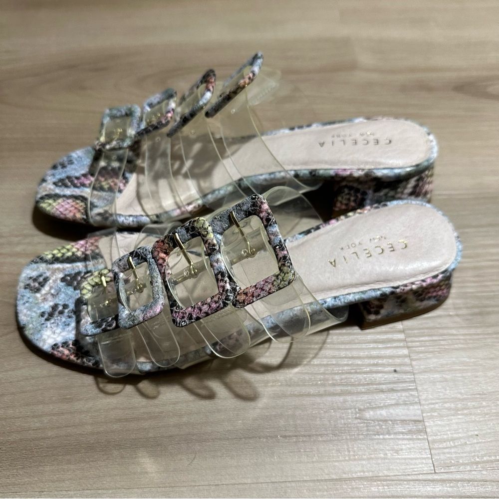 Cecelia New York Lincoln Clear Strap Snake Print Buckle Slide Sandals 7.5 - Picture 13 of 15